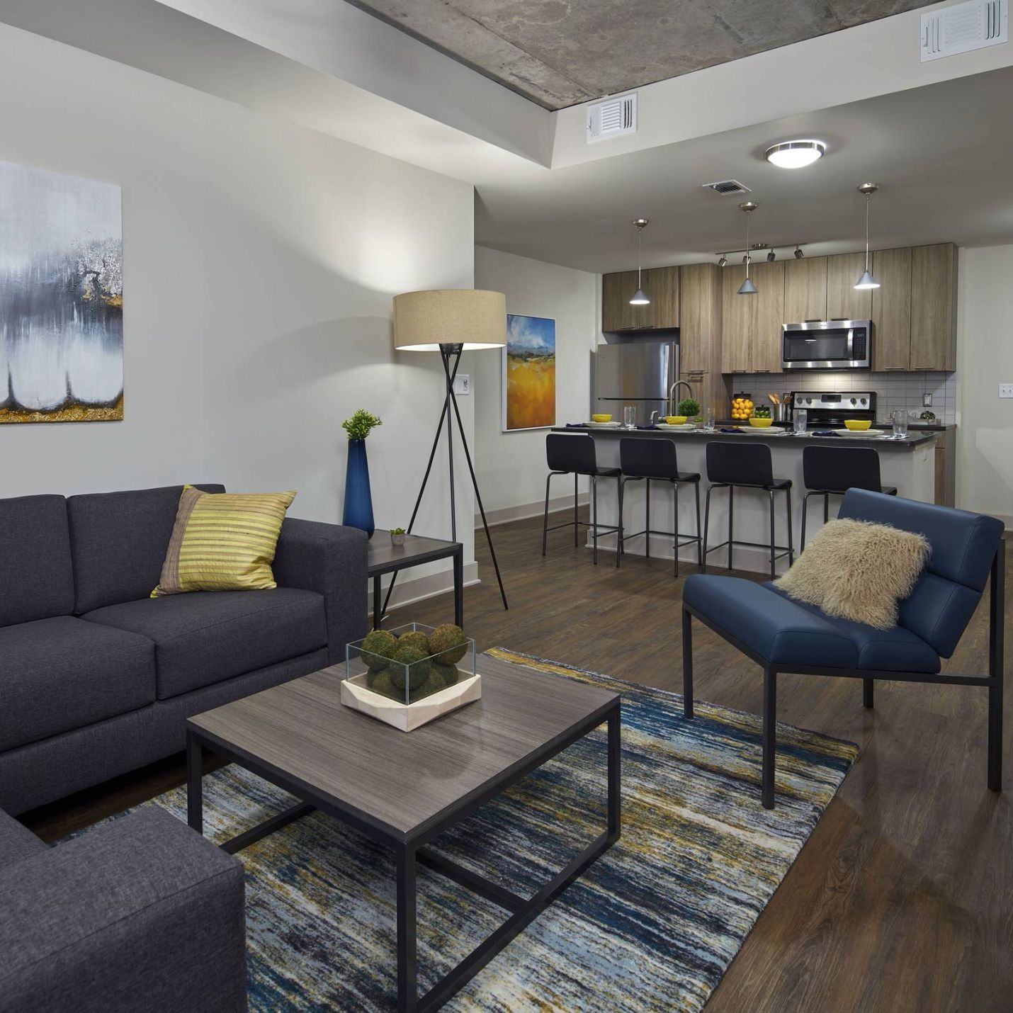 Six11 Student Living Apartments Modern open-concept living room and kitchen with dark furniture, wood floors, and contemporary decor.
