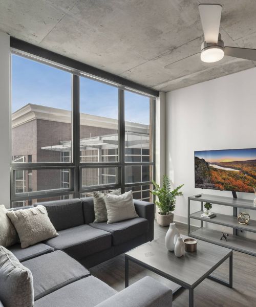 Six11 Student Living Apartments Modern living room with a gray sectional sofa, TV, large windows, and a ceiling fan, featuring natural light.