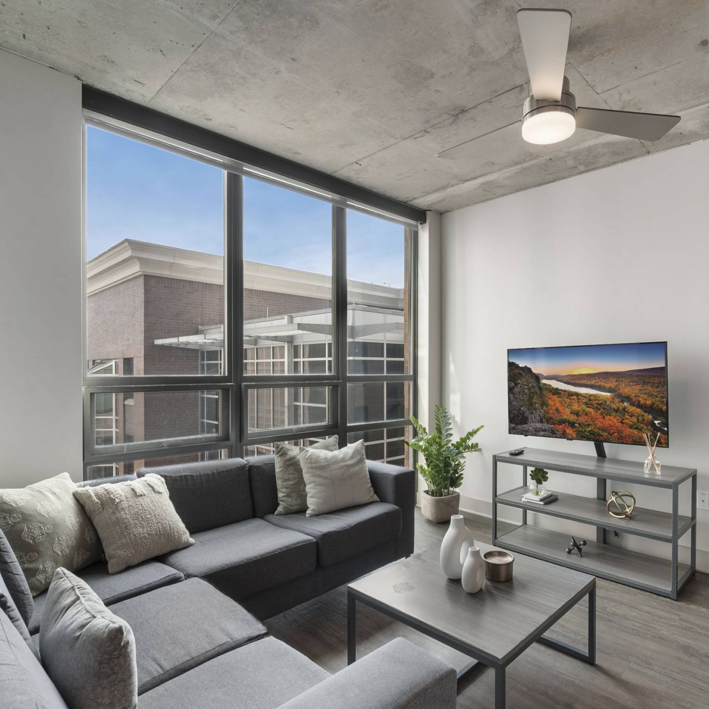 Six11 Student Living Apartments Modern living room with a gray sectional sofa, TV, large windows, and a ceiling fan, featuring natural light.