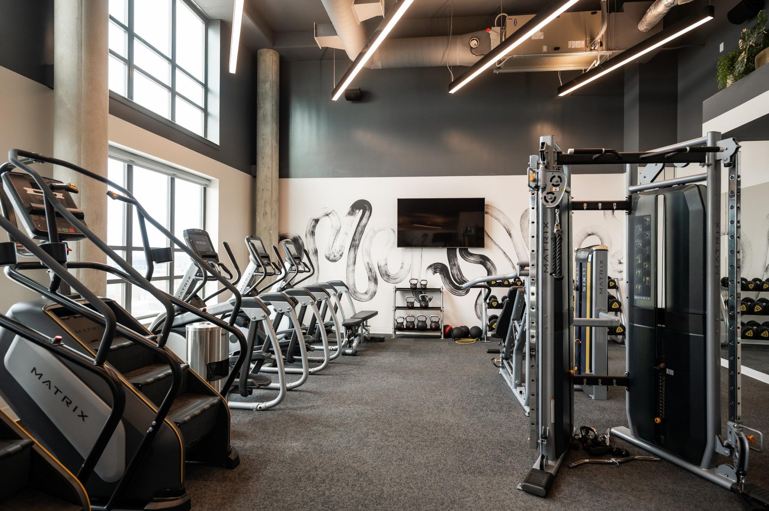 Six11 Student Living Apartments A modern gym space featuring a row of Matrix stair climbers and a functional training rack.