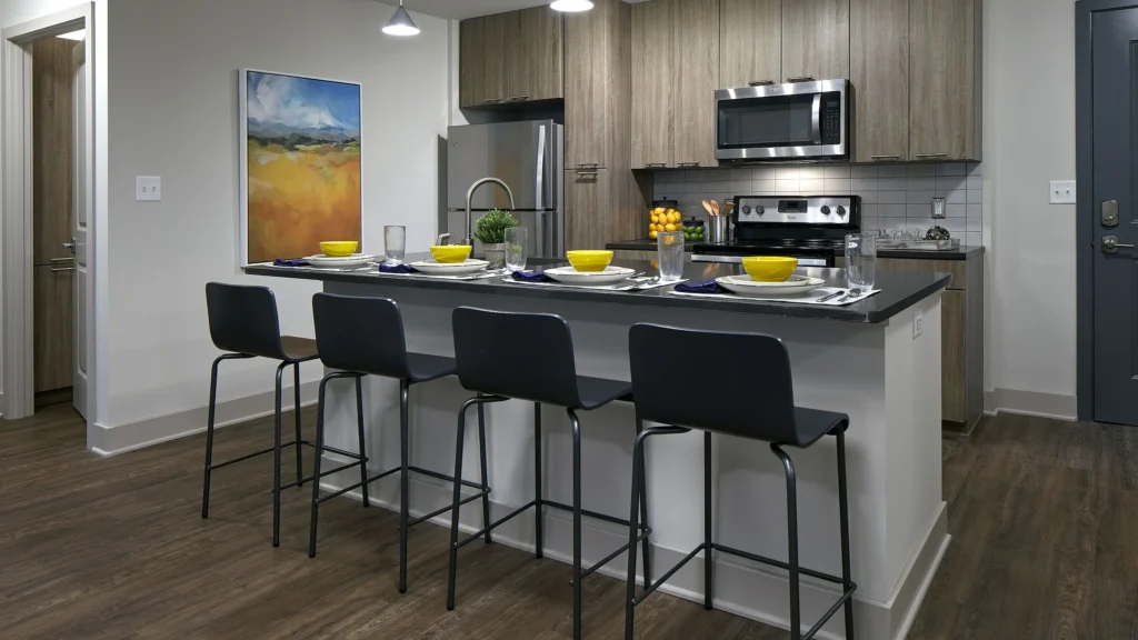Modern kitchen with bar seating.