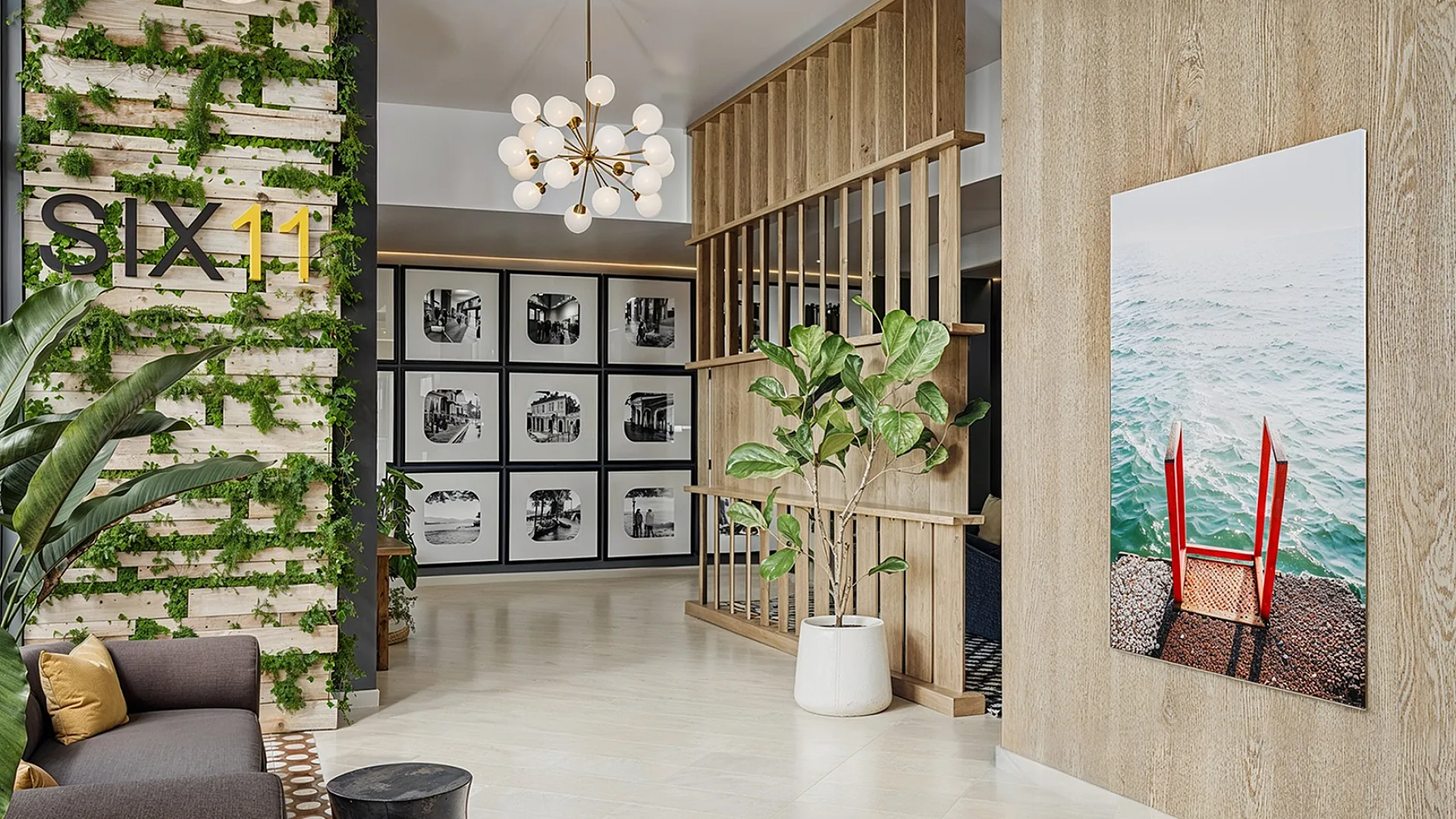 Modern lobby with greenery and art