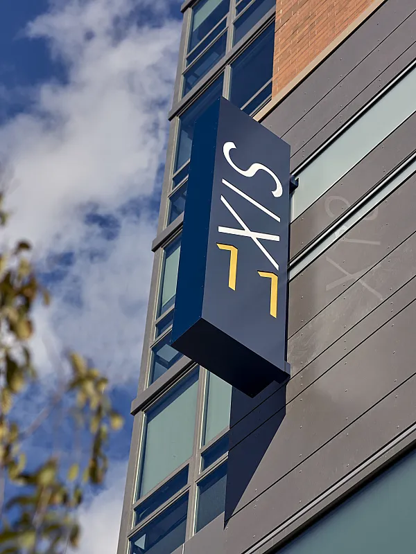 Modern building sign with blue background