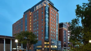 Modern hotel building at dusk