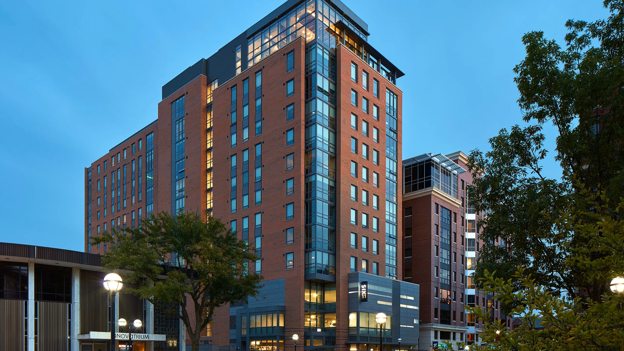 Modern hotel building at dusk