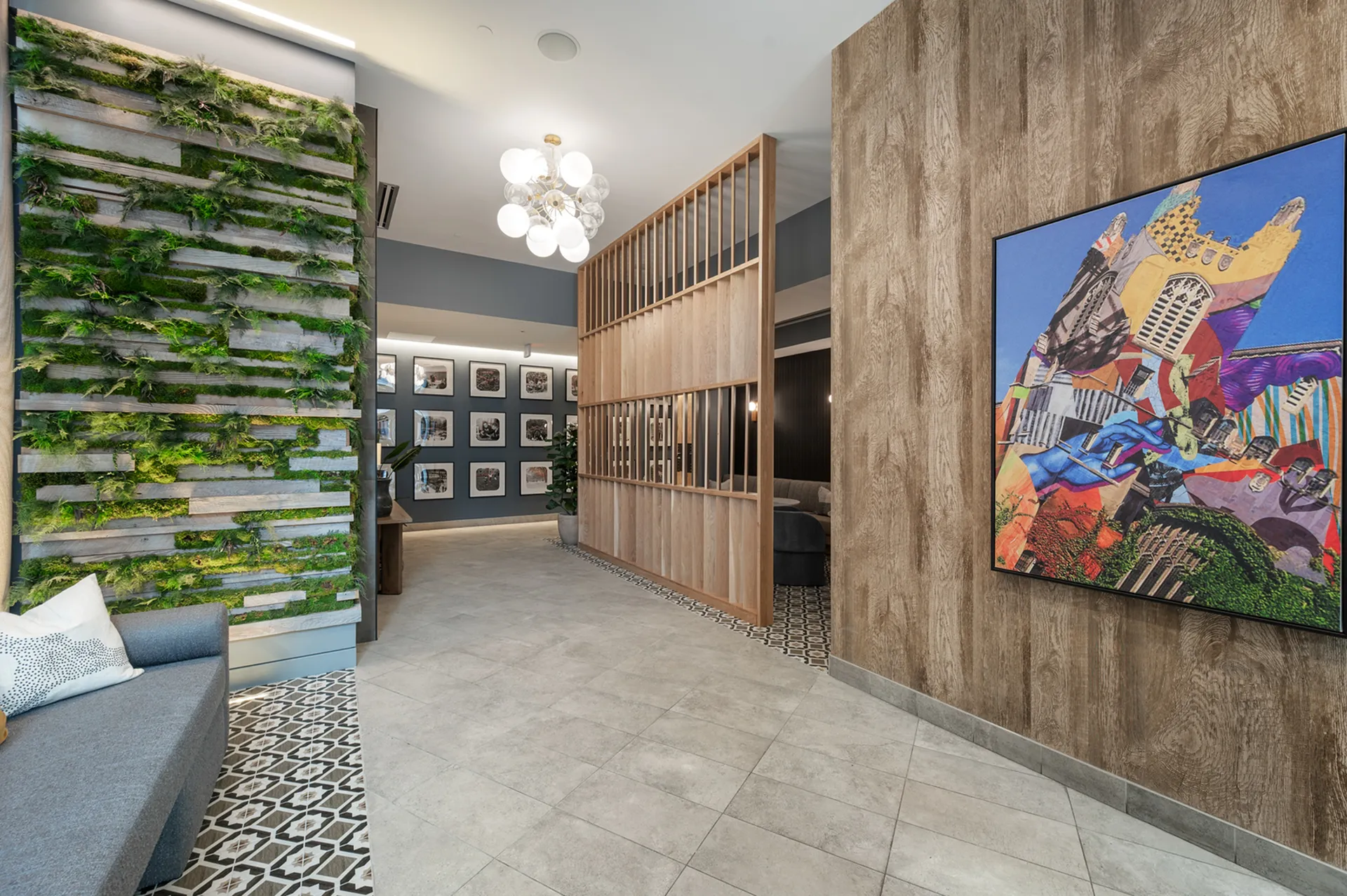 Modern lobby with greenery and art