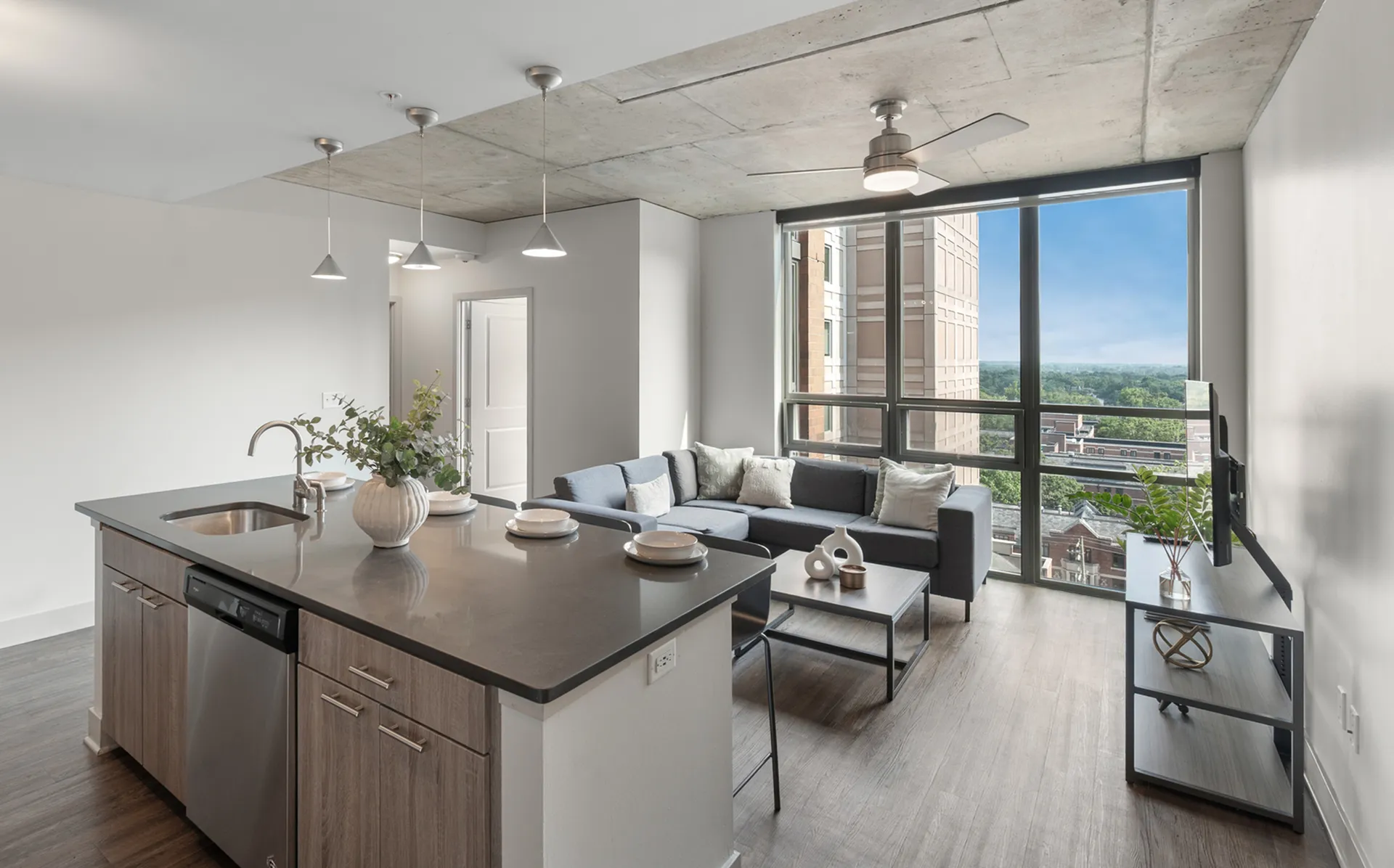 Modern apartment with city view.