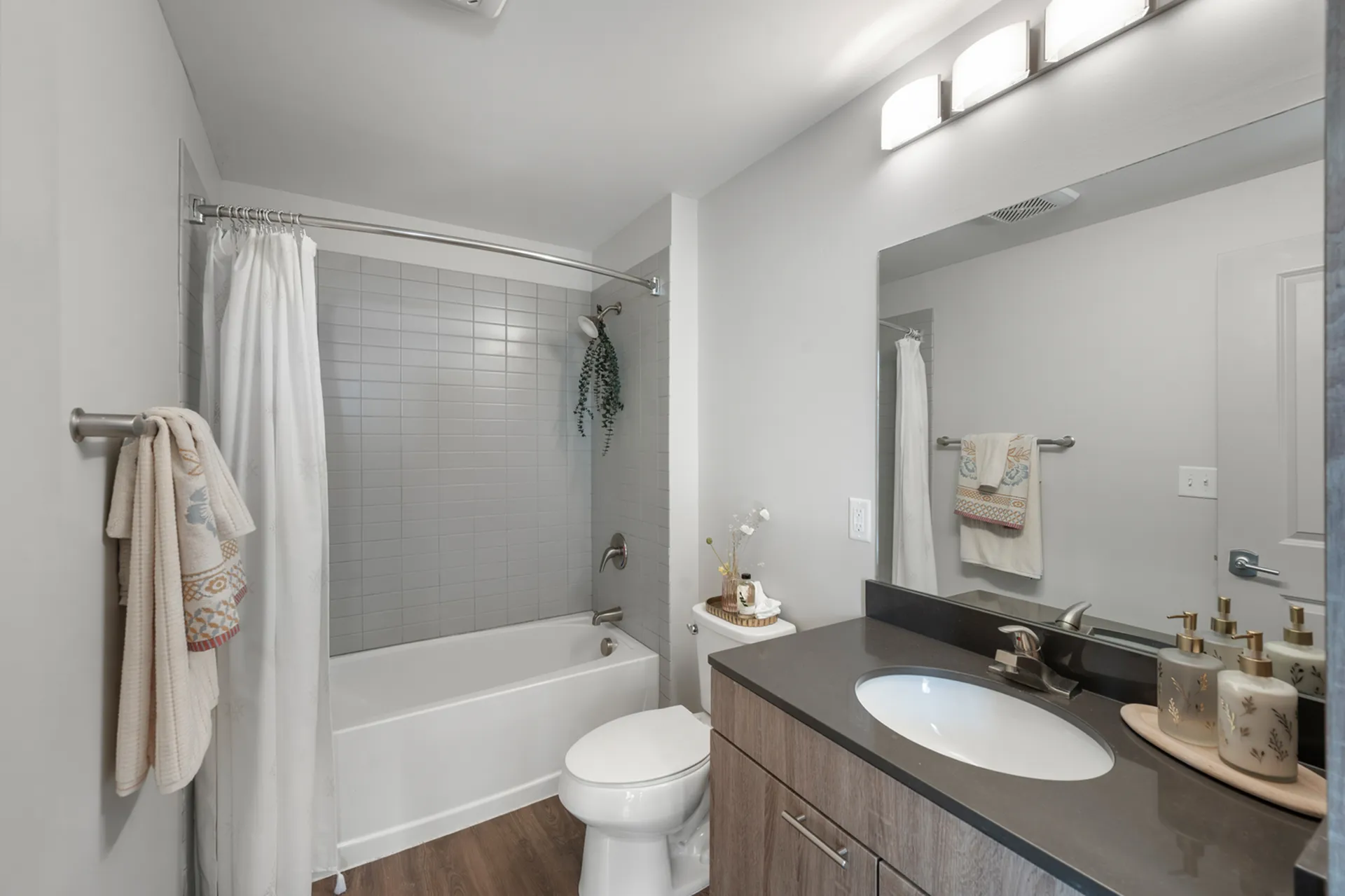 Modern bathroom with neutral colors.